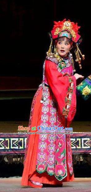 Chinese Huangmei Opera Tujia Nationality Bride Garment Costumes and Headdress Traditional Anhui Opera Actress Red Dress Apparels