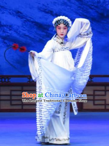 Chinese Ping Opera Widow Zhu Hen Ji Apparels Costumes and Headdress Traditional Pingju Opera Distress Maiden Zhao Jintang White Dress Garment