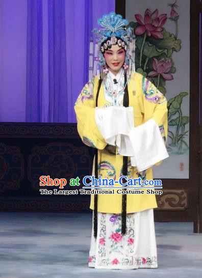 Chinese Ping Opera Noble Female Zhan Fei Costumes Apparels and Headpieces Qian Kun Belt Traditional Pingju Opera Diva Yellow Dress Garment