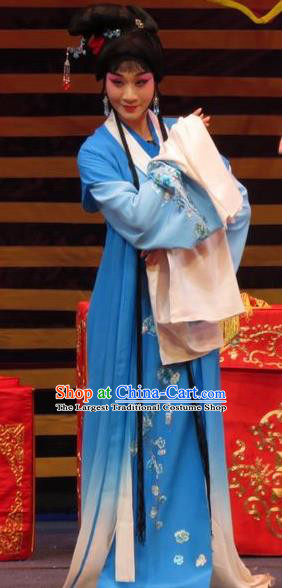 Chinese Ping Opera Huadan Apparels Costumes and Headpieces The Five Female Worshipers Traditional Pingju Opera Actress Yang Sanchun Blue Dress Garment