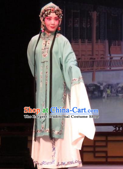 Chinese Ping Opera Huadan Actress Apparels Costumes and Headpieces Remember Back to the Cup Traditional Pingju Opera Green Dress Garment