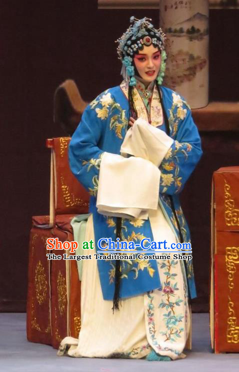 Chinese Ping Opera Young Mistress Apparels Costumes and Headdress Peach Blossom Temple Traditional Pingju Opera Diva Actress Blue Dress Garment