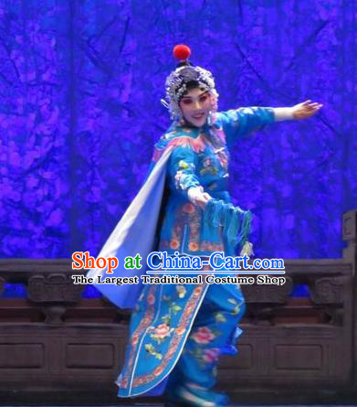 Chinese Ping Opera Female Swordsman Blue Costumes Apparels and Headpieces Yang Bajie You Chun Traditional Pingju Opera Wudan Dress Garment