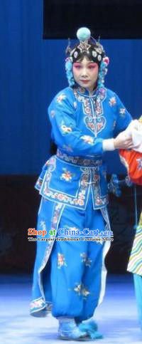 Chinese Ping Opera Wudan Martial Female Apparels Costumes and Headdress Traditional Pingju Opera San Kan Yu Mei Swordswoman Blue Dress Garment