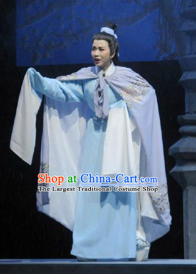 Chinese Yue Opera Childe Scholar Costumes Garment Shuang Yu Chan Shaoxing Opera Xiao Sheng Clothing Apparels Young Male Shen Mengxia Blue Robe and Headpiece