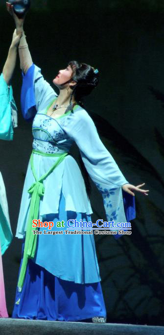 Chinese Shaoxing Opera Village Girl Blue Dress Garment The Legend of Pearl Zhen Zhu Chuan Qi Yue Opera Xiao Dan Costumes Young Lady Jin Zhu Apparels and Headpiece