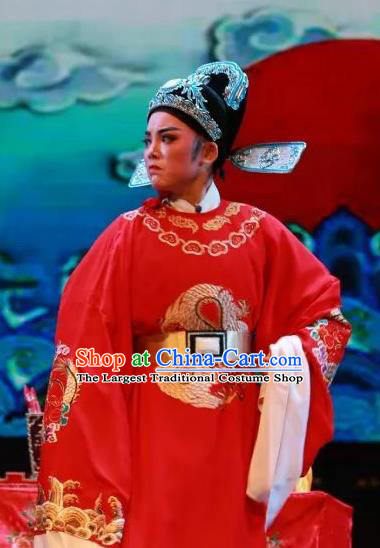 Chinese Yue Opera Scholar The Wrong Red Silk Apparels Shaoxing Opera Xiao Sheng Costumes Bridegroom Wedding Garment and Hat