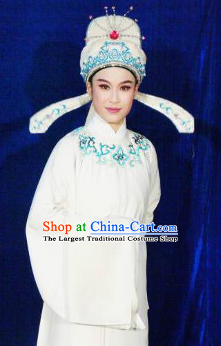 Chinese Yue Opera Gifted Youth Tang Bohu Costumes Flirting Garment Shaoxing Opera Scholar Apparels Xiaosheng Artist White Robe and Headwear