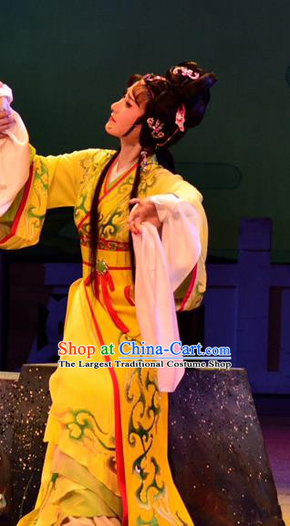 Chinese Shaoxing Opera Actress Diao Chan Apparels Yue Opera Hua Tan Costumes Young Beauty Yellow Hanfu Dress Garment and Headpieces