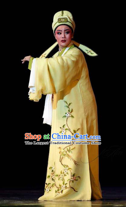 Chinese Yue Opera Xiao Sheng Young Male Costumes and Hat Shaoxing Opera Dong Xiaowan And Mao Bijiang Apparels Garment Scholar Yellow Embroidered Robe