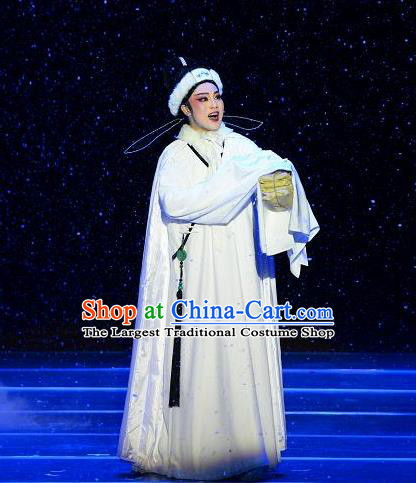 Chinese Yue Opera Niche Winter Costumes and Hat Shaoxing Opera Dong Xiaowan And Mao Bijiang Apparels Young Male White Robe Garment