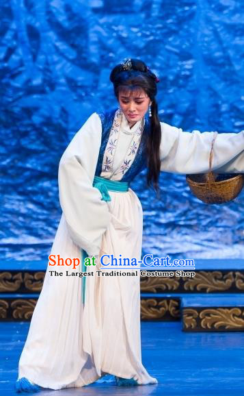 Chinese Shaoxing Opera Village Woman Dress Yue Opera Wu Nv Bai Shou Hua Dan Garment Costumes Yang Sanchun Apparels and Headdress