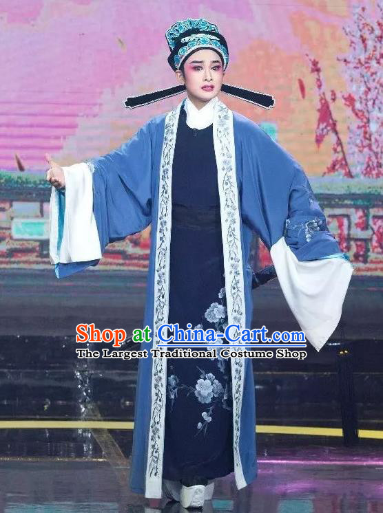 Chinese Yue Opera Niche Scholar Lu You And Tang Wan Costumes and Headwear Shaoxing Opera Xiaosheng Apparels Blue Embroidered Robe Garment