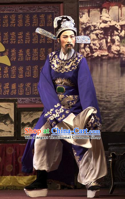 Chinese Yue Opera Elderly Man Wu Nv Bai Shou Costumes and Hat Shaoxing Opera Apparels Lao Sheng Embroidered Robe Blue Vestment Garment