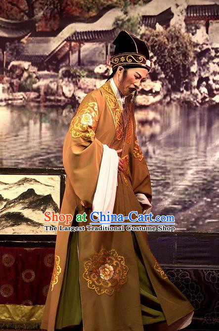 Chinese Yue Opera Laosheng Wu Nv Bai Shou Costumes and Hat Shaoxing Opera Apparels Elderly Male Embroidered Robe Landlord Yang Jikang Garment