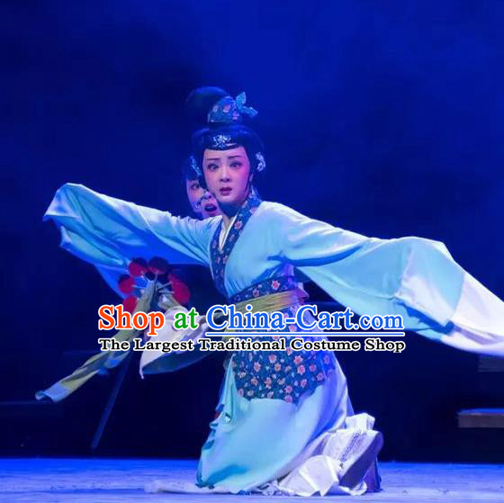 Chinese Shaoxing Opera Hua Tan Blue Costumes and Headpiece Changle Palace Yue Opera Garment Young Lady Actress Cao Huiniang Dress Apparels