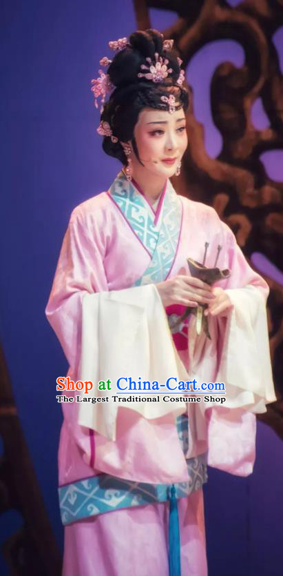 Chinese Shaoxing Opera Princess Costumes and Hair Accessories Changle Palace Yue Opera Apparels Garment Actress Hua Tan Pink Dress