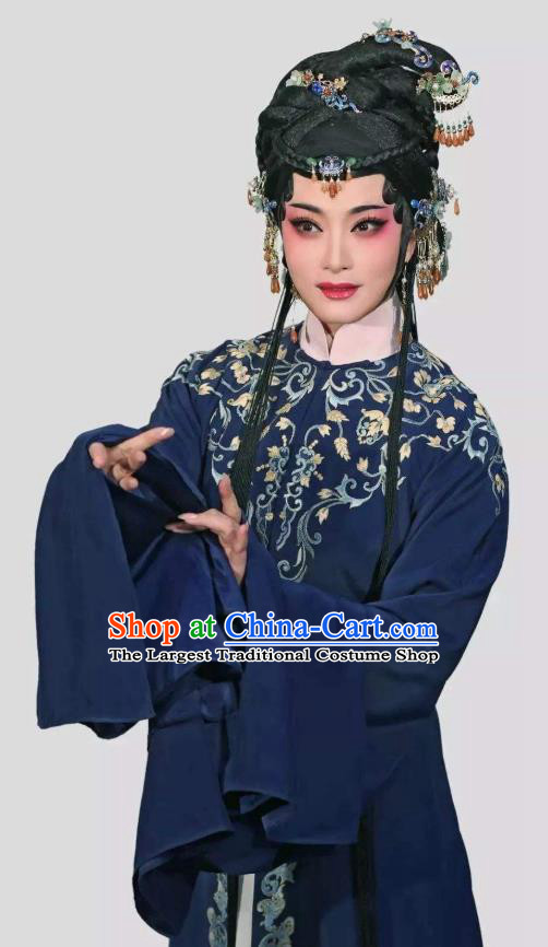 Chinese Shaoxing Opera Tsing Yi Navy Dress Young Female Costumes and Hair Accessories Xiang Luo Ji Yue Opera Actress Distress Maiden Garment Apparels