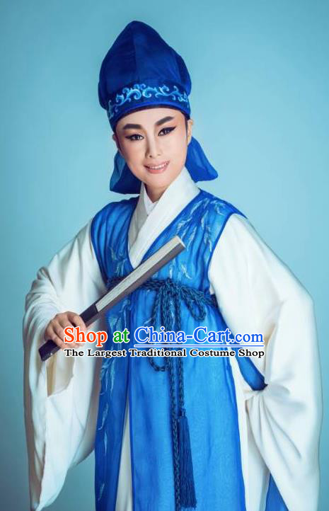 Chinese Yue Opera Chunh Yang Young Male Costumes and Headwear Shaoxing Opera Scholar Li Menglong Garment Apparels Blue Robe