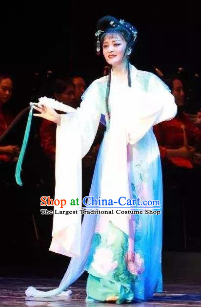 Chinese Shaoxing Opera Hua Tan Apparels and Headdress The Romance of West Chamber Yue Opera Young Female Dress Cui Yingying Garment Costumes