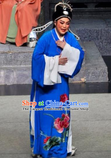 Chinese Yue Opera Scholar Costumes and Hat Xun An Zhan Fu Shaoxing Opera Xiaosheng Garment Apparels Young Male Xu Qing Blue Robe