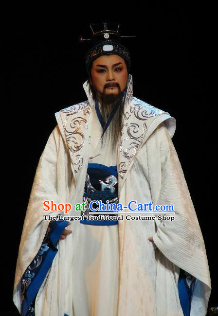 Chinese Yue Opera Elderly Male White Embroidered Robe Yu Beauty Laosheng Apparels Costumes and Headwear Shaoxing Opera Official Zhang Liang Garment