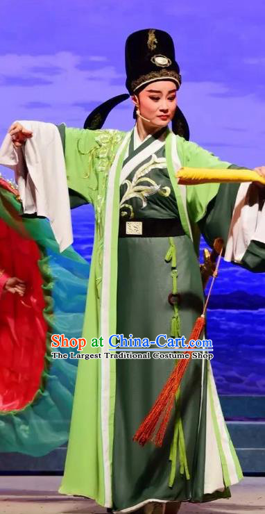 Li Mei Yue Chinese Yue Opera Young Male Green Clothing and Hat Shaoxing Opera Scholar Garment Costumes Xiaosheng Apparels