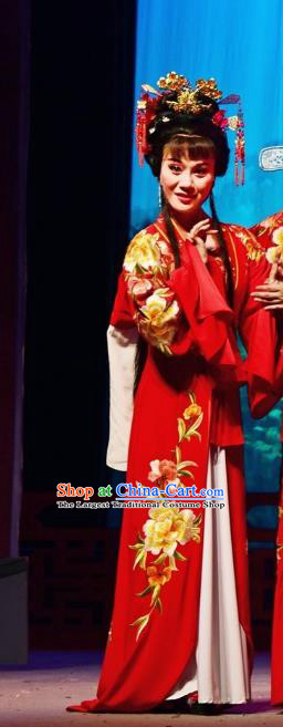 Chinese Shaoxing Opera Diva Wedding Garment and Headdress Tao Li Mei Yue Opera Hua Tan Costumes Bride Red Dress Apparels