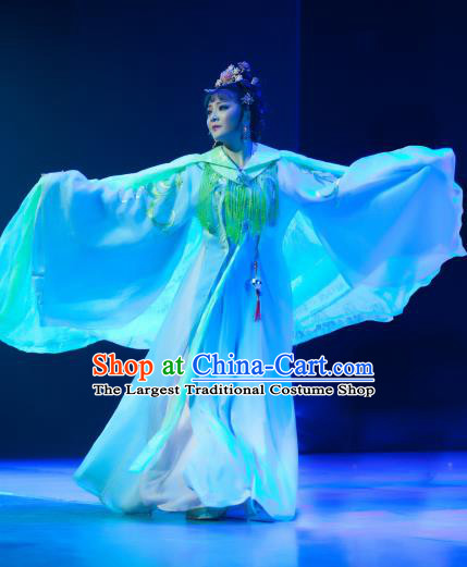 Chinese Shaoxing Opera Imperial Consort Xiang Ning Blue Dress Costumes and Headdress Butterfly Love Monk Yue Opera Hua Tan Garment Apparels