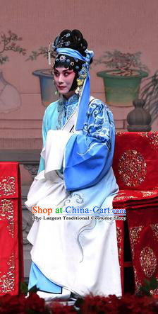 Chinese Beijing Opera Distress Maiden Zhang Shangzhu Apparels Costumes and Headdress Tell On Sargam Traditional Peking Opera Young Female Blue Dress Garment