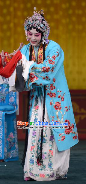 Chinese Beijing Opera Hua Tan Apparels Costumes and Headdress Tao Hua Cun Traditional Peking Opera Diva Blue Dress Actress Liu Yuyan Garment