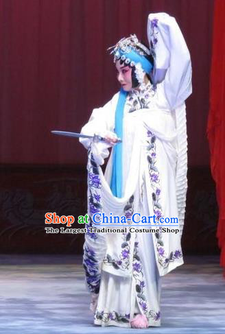 Chinese Ping Opera Diva White Apparels Costumes and Headdress Traditional Pingju Opera Zhou Ren Xian Sao Actress Distress Maiden Dress Garment