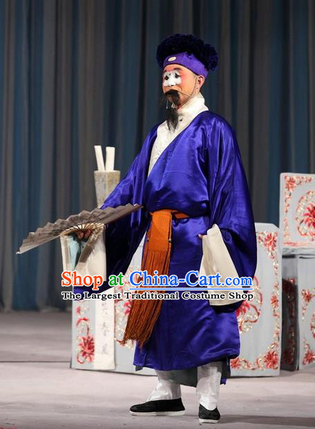 Tao Hua Cun Chinese Peking Opera Old Man Garment Costumes and Headwear Beijing Opera Chou Apparels Clown Blue Clothing