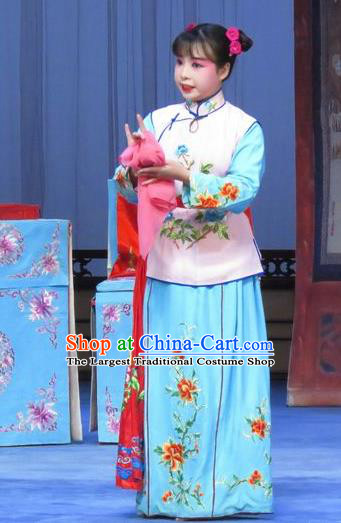 Chinese Ping Opera Servant Girl Apparels Costumes and Headdress Traditional Pingju Opera Tao Li Mei Maidservant Dress Garment