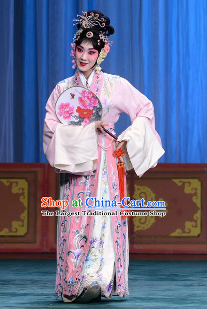 Chinese Beijing Opera Hua Tan Apparels Costumes and Headdress Xie Yaohuan Traditional Peking Opera Actress Pink Dress Young Woman Garment