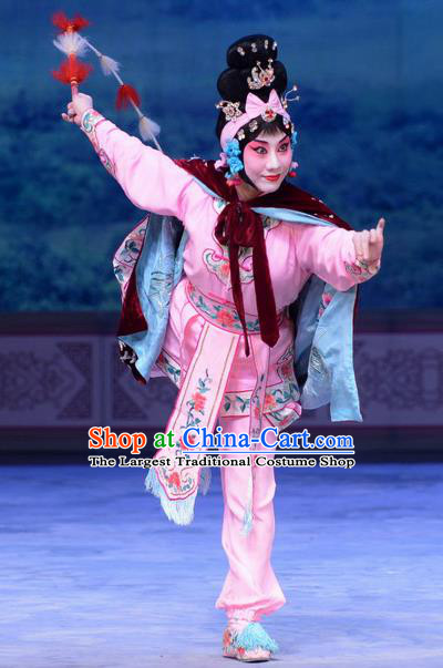 Chinese Beijing Opera Martial Female Apparels Costumes and Headdress San Da Tao Sanchun Traditional Peking Opera Wudan Dress Swordswoman Pink Garment