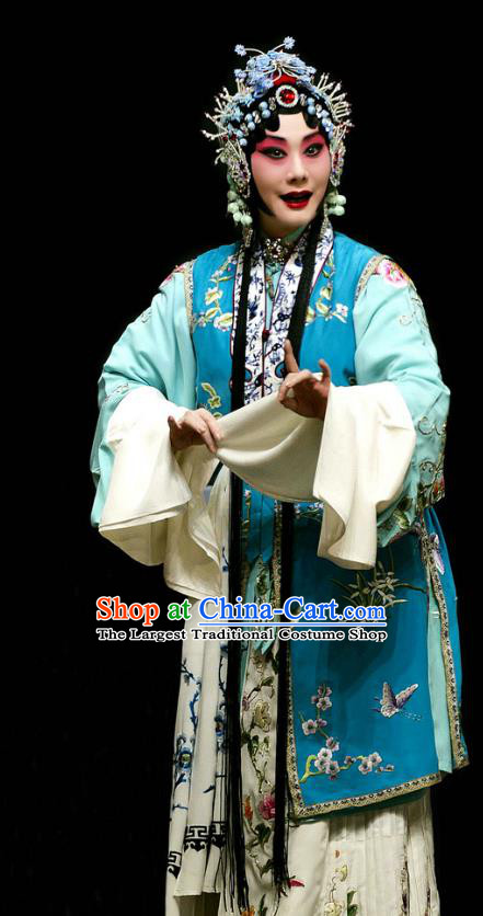 Chinese Beijing Opera Distress Maiden Apparels Costumes and Headdress Han Yuniang Traditional Peking Opera Diva Blue Dress Young Woman Garment