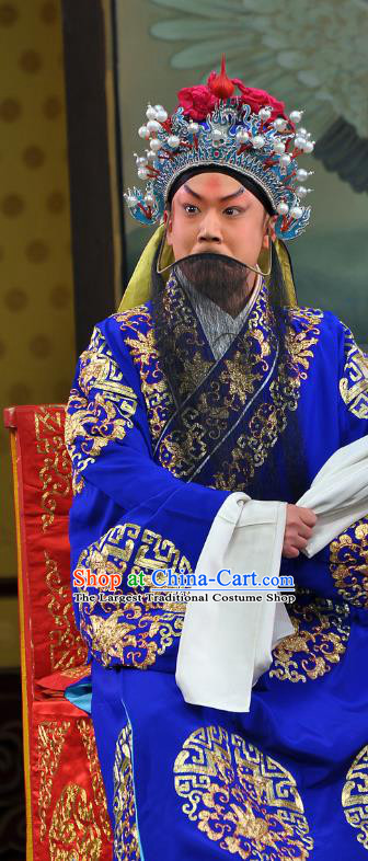 Nine Dragons Cup Chinese Peking Opera Old Man Garment Costumes and Headwear Beijing Opera Laosheng Apparels Elderly Male Blue Clothing