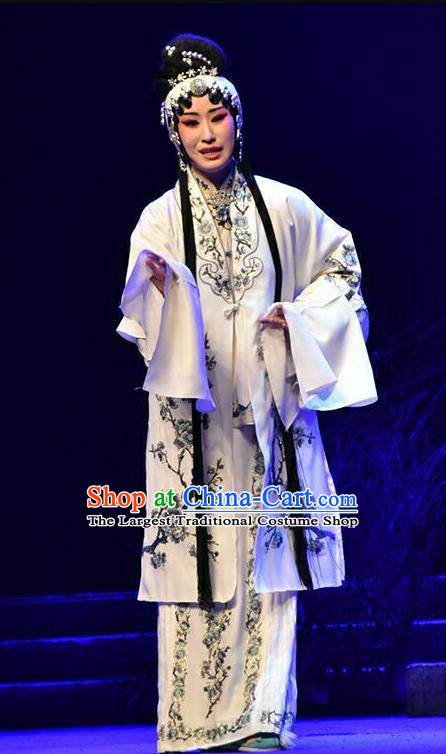 Chinese Beijing Opera Young Female Apparels Qing Tian Dao Costumes and Headpieces Traditional Peking Opera Distress Maiden White Dress Diva Garment