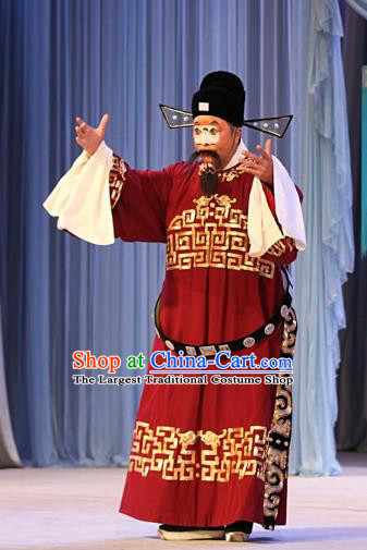 Ba Zhen Tang Chinese Peking Opera Clown Garment Costumes and Headwear Beijing Opera Official Chang Tianbao Apparels Clothing