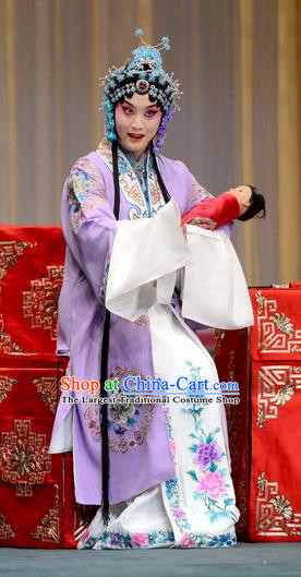 Chinese Beijing Opera Noble Female Apparels Zhan Tai Ping Costumes and Headdress Traditional Peking Opera Actress Young Mistress Purple Dress Garment