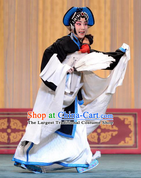 Chinese Beijing Opera Distress Female Apparels Zhan Tai Ping Costumes and Headdress Traditional Peking Opera Tsing Yi Black Dress Garment