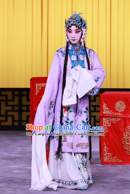 Chinese Beijing Opera Noble Woman Apparels Zhan Tai Ping Costumes and Headdress Traditional Peking Opera Young Mistress Purple Dress Garment