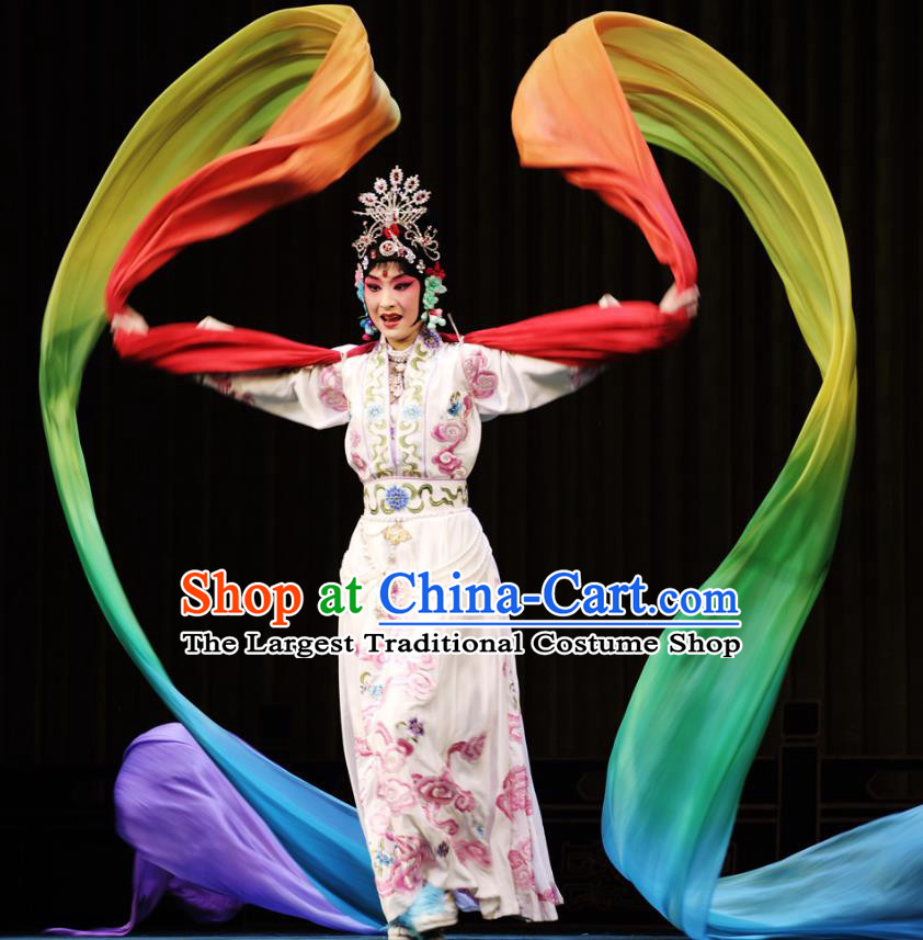 Chinese Beijing Opera Young Female Apparels Costumes and Headdress Petal Sprinkles From Heaven Traditional Peking Opera Hua Tan Dress Goddess Garment