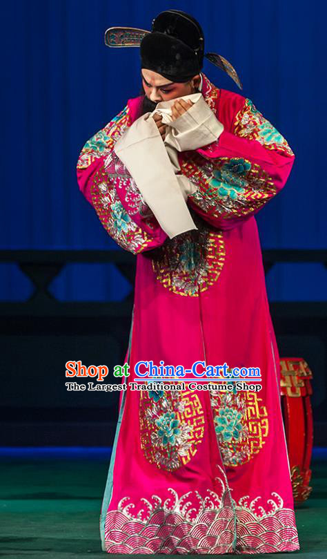 Qin Xianglian Chinese Ping Opera Scholar Chen Shimei Garment Costumes and Headwear Pingju Opera Official Red Apparels Clothing