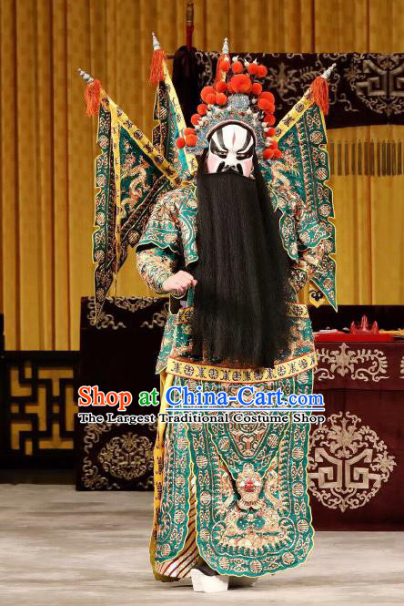 Yi Zhan Cheng Gong Chinese Peking Opera Military Officer Kao Garment Costumes and Headwear Beijing Opera Apparels Clothing General Xu Huang Green Armor Suit with Flags