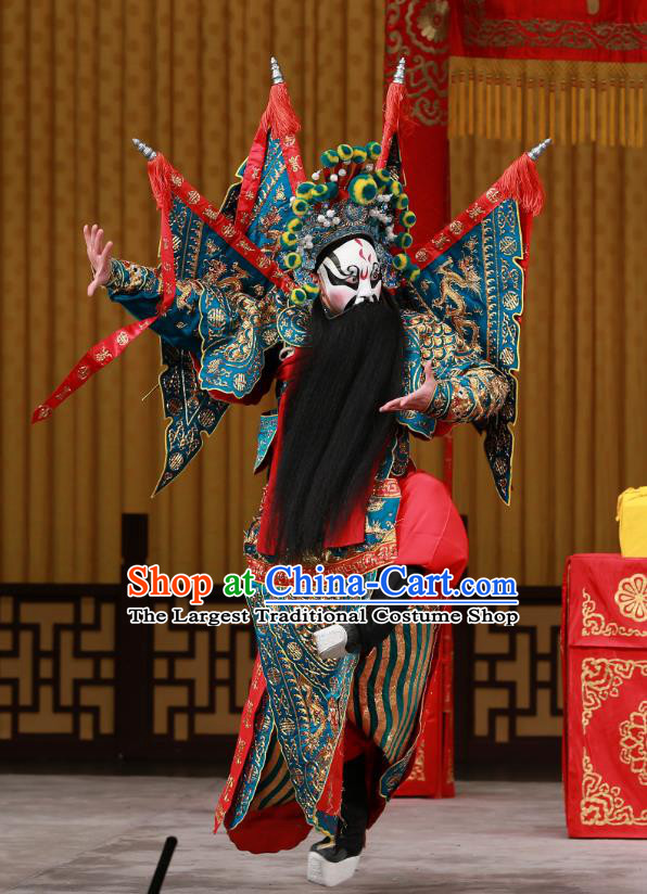 Yang Ping Guan Chinese Peking Opera General Green Armor Garment Costumes and Headwear Beijing Opera Old Man Apparels Kao Suit with Flags Clothing