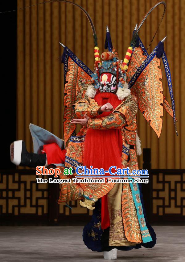 Yang Ping Guan Chinese Peking Opera General Orange Armor Garment with Flags Costumes and Headwear Beijing Opera Old Man Apparels Martial Male Kao Suit Clothing