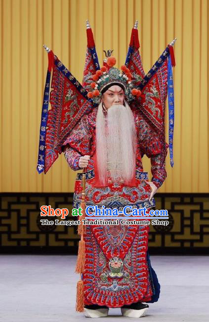 Nan Tian Men Chinese Peking Opera Jing Role Garment Costumes and Headwear Beijing Opera Apparels Clothing General Red Kao Armor Suit with Flags