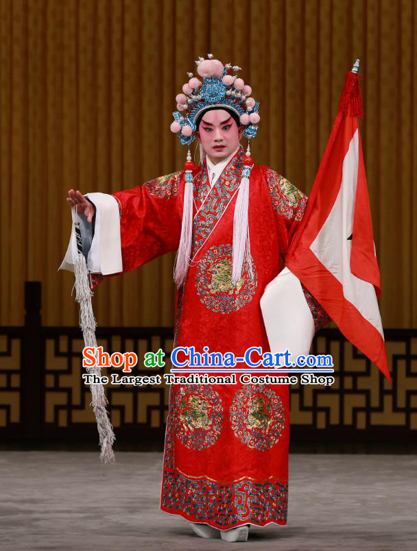 Dingjun Mount Chinese Peking Opera Young Male Garment Costumes and Headwear Beijing Opera General Zhou Yu Apparels Military Counsellor Clothing